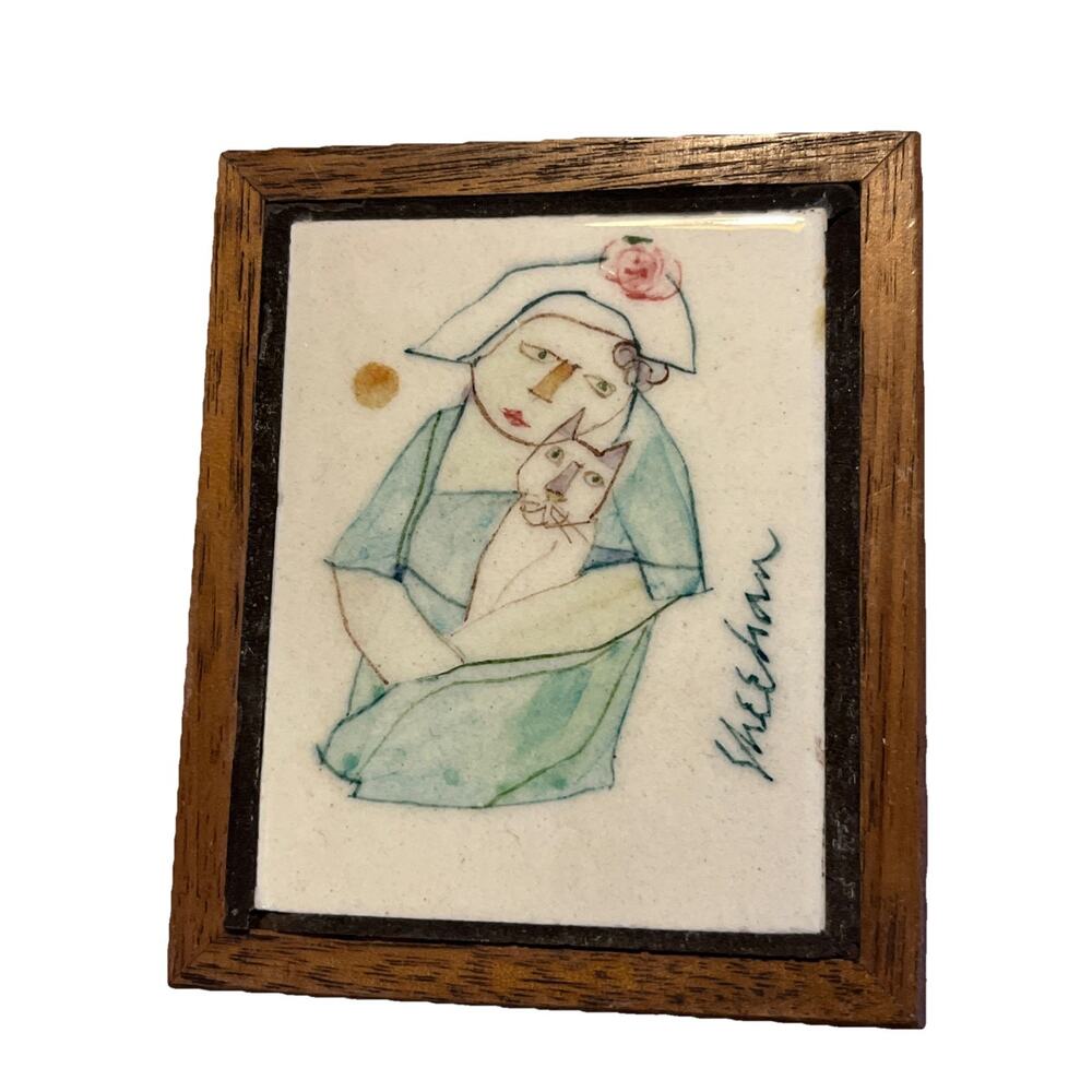 Sheehan Miniature Ceramic Plaque Lady with Cat